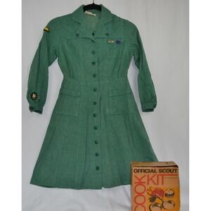 Vintage 40s 50s Girl Scout Official Uniform Dress Green Long‎ Sleeve & Cook Kit